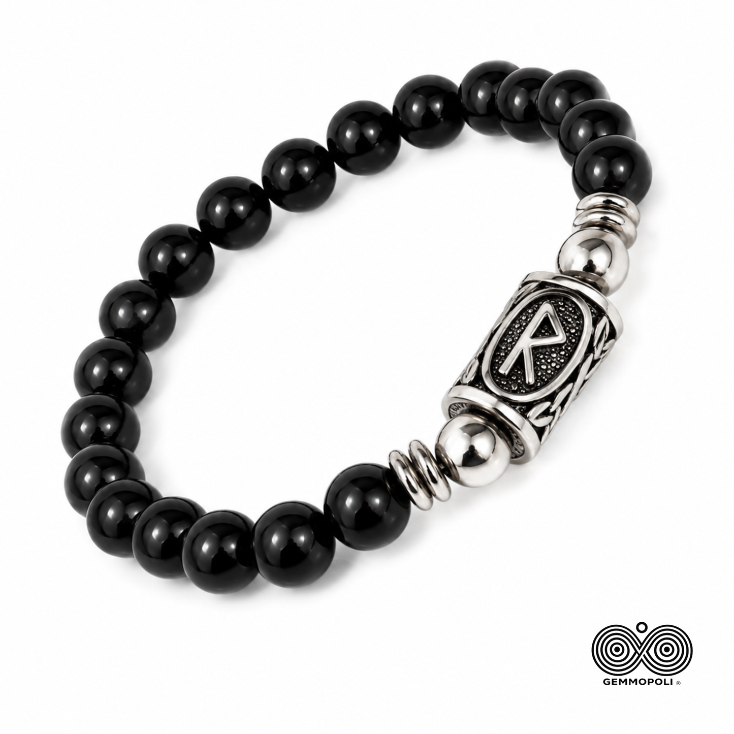Vista laterale Bracciale Runa Raidho Tormalina Nera PE8045