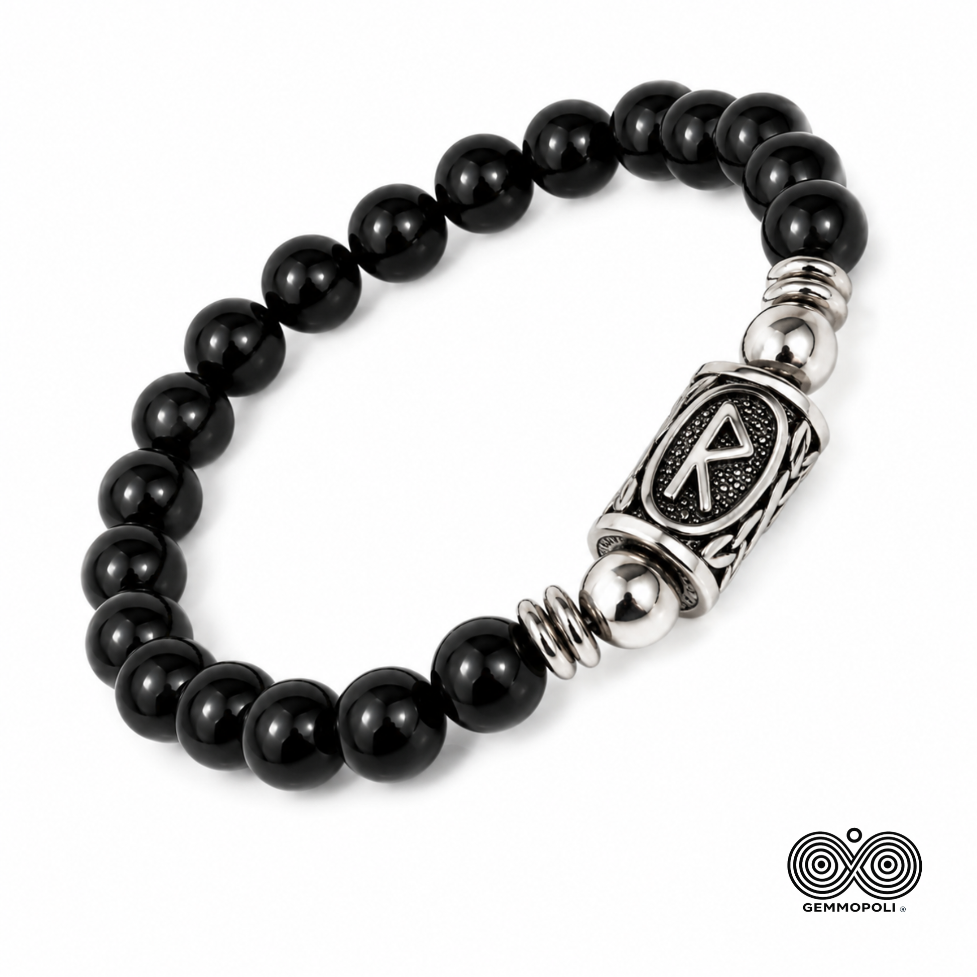 Vista laterale Bracciale Runa Raidho Tormalina Nera PE8045